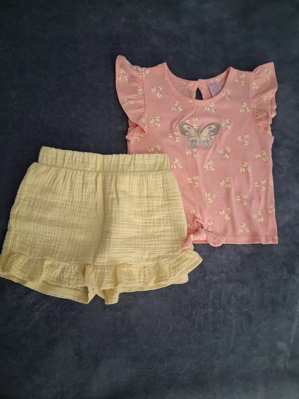 Girls Pink Butterfly Top & Yellow Ruffle Shorts Matching Set